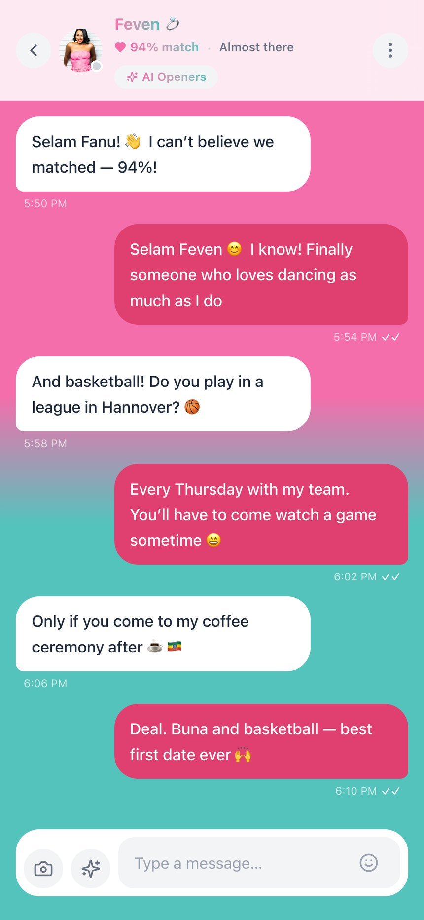 Chat screen — Fanu and Feven, 94% match